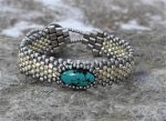 Hand Woven Turquoise Cabochon Bracelet – Silver Galvanized Seed Beads